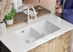 PRIMAGRAN Evier Sous Plan Blanc 76x47cm, Evier en Granit 2 bacs + Kit de Vidage + Accessoires, Évier au meuble 80cm - London Twin