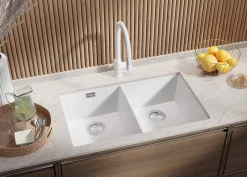 PRIMAGRAN Evier Sous Plan Blanc 76x47cm, Evier en Granit 2 bacs + Kit de Vidage + Accessoires, Évier au meuble 80cm - London Twin