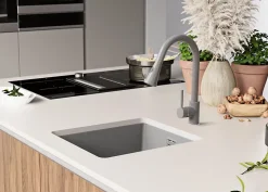 PRIMAGRAN Evier Sous Plan Gris 41x47cm, Evier en Granit 1 bac + Kit de Vidage, Évier au meuble 45cm - London