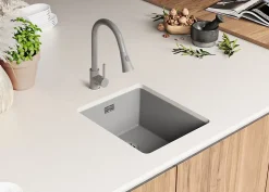 PRIMAGRAN Evier Sous Plan Gris 41x47cm, Evier en Granit 1 bac + Kit de Vidage, Évier au meuble 45cm - London