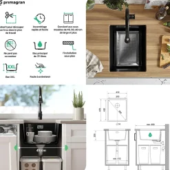 PRIMAGRAN Evier Sous Plan Gris 41x47cm, Evier en Granit 1 bac + Kit de Vidage, Évier au meuble 45cm - London