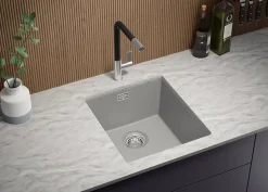 PRIMAGRAN Evier Sous Plan Gris 41x47cm, Evier en Granit 1 bac + Kit de Vidage, Évier au meuble 45cm - London