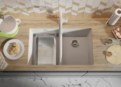 PRIMAGRAN Evier Sous Plan Blanc 76x47cm, Evier en Granit 2 bacs + Kit de Vidage, Évier au meuble 80cm - London Twin