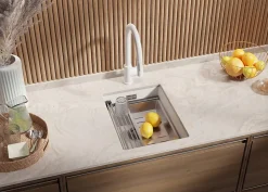 PRIMAGRAN Evier Sous Plan Blanc 36x47cm, Evier en Granit 1 bac + Kit de Vidage + Accessoires, Évier au meuble 40cm - Prague