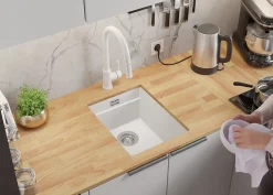 PRIMAGRAN Evier Sous Plan Blanc 36x47cm, Evier en Granit 1 bac + Kit de Vidage + Accessoires, Évier au meuble 40cm - Prague