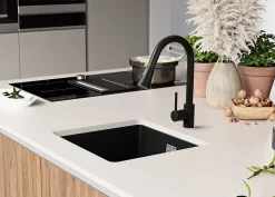 PRIMAGRAN Evier Sous Plan Tout Noir 46x47cm, Evier en Granit 1 bac + Kit de Vidage, Évier au meuble 50cm - London