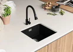 PRIMAGRAN Evier Sous Plan Tout Noir 46x47cm, Evier en Granit 1 bac + Kit de Vidage, Évier au meuble 50cm - London