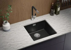 PRIMAGRAN Evier Sous Plan Tout Noir 46x47cm, Evier en Granit 1 bac + Kit de Vidage, Évier au meuble 50cm - London