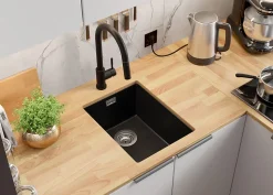 PRIMAGRAN Evier Sous Plan Noir 36x47cm, Evier en Granit 1 bac + Kit de Vidage, Évier au meuble 40cm - London