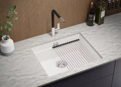 PRIMAGRAN Evier Sous Plan Blanc 56x47cm, Evier en Granit 1 bac + Kit de Vidage + Accessoires, Évier au meuble 60cm - Prague