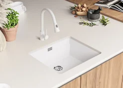 PRIMAGRAN Evier Sous Plan Blanc 56x47cm, Evier en Granit 1 bac + Kit de Vidage + Accessoires, Évier au meuble 60cm - Prague