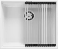 PRIMAGRAN Evier Sous Plan Blanc 56x47cm, Evier en Granit 1 bac + Kit de Vidage + Accessoires, Évier au meuble 60cm - Prague