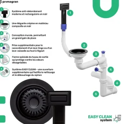 PRIMAGRAN Evier Sous Plan Tout Noir 56x47cm, Evier en Granit 1 bac + Kit de Vidage, Évier au meuble 60cm - London