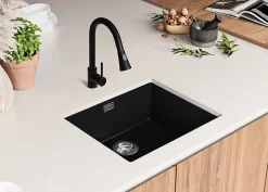 PRIMAGRAN Evier Sous Plan Tout Noir 56x47cm, Evier en Granit 1 bac + Kit de Vidage, Évier au meuble 60cm - London