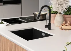 PRIMAGRAN Evier Sous Plan Tout Noir 56x47cm, Evier en Granit 1 bac + Kit de Vidage, Évier au meuble 60cm - London