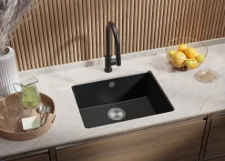 PRIMAGRAN Evier Sous Plan Graphite 56x44cm, Evier en Granit 1 bac + Kit de Vidage, Évier au meuble 60cm - Venise Easy