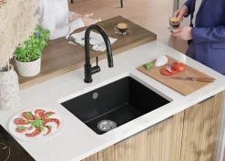 PRIMAGRAN Evier Sous Plan Graphite 56x44cm, Evier en Granit 1 bac + Kit de Vidage, Évier au meuble 60cm - Venise Easy