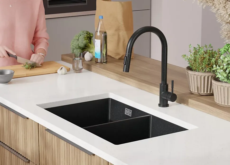 PRIMAGRAN Evier Sous Plan Graphite 76x47cm, Evier en Granit 2 bacs + Kit de Vidage, Évier au meuble 80cm - London Twin