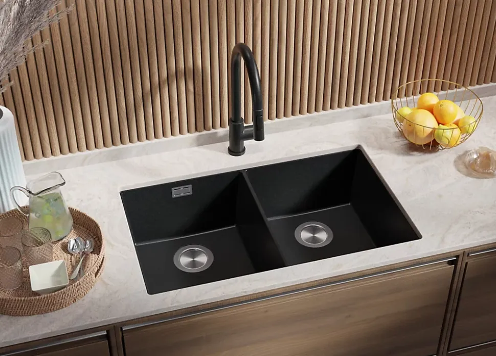 PRIMAGRAN Evier Sous Plan Graphite 76x47cm, Evier en Granit 2 bacs + Kit de Vidage, Évier au meuble 80cm - London Twin