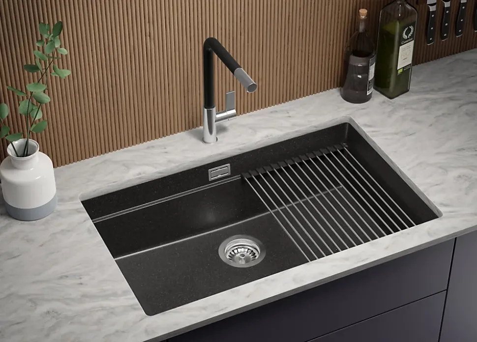 PRIMAGRAN Evier Sous Plan Graphite 76x47cm, Evier en Granit 1 bac + Kit de Vidage + Accessoires, Évier au meuble 80cm - Prague