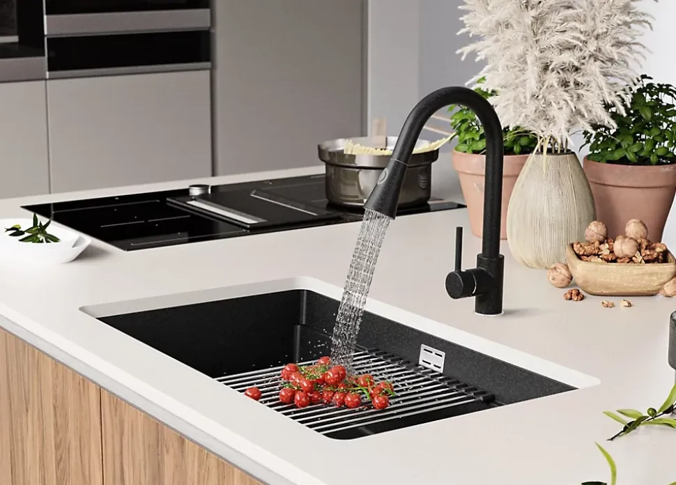 PRIMAGRAN Evier Sous Plan Graphite 76x47cm, Evier en Granit 1 bac + Kit de Vidage + Accessoires, Évier au meuble 80cm - Prague