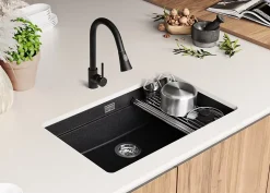 PRIMAGRAN Evier Sous Plan Graphite 76x47cm, Evier en Granit 1 bac + Kit de Vidage + Accessoires, Évier au meuble 80cm - Prague