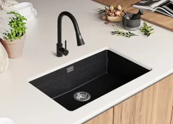 PRIMAGRAN Evier Sous Plan Graphite 76x47cm, Evier en Granit 1 bac + Kit de Vidage + Accessoires, Évier au meuble 80cm - Prague