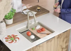 PRIMAGRAN Evier Sous Plan Beige 56x53cm, Evier en Granit 1 bac + Kit de Vidage + Accessoires, Évier au meuble 60cm - Bergen