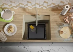 PRIMAGRAN Evier Sous Plan Beige 56x53cm, Evier en Granit 1 bac + Kit de Vidage + Accessoires, Évier au meuble 60cm - Bergen