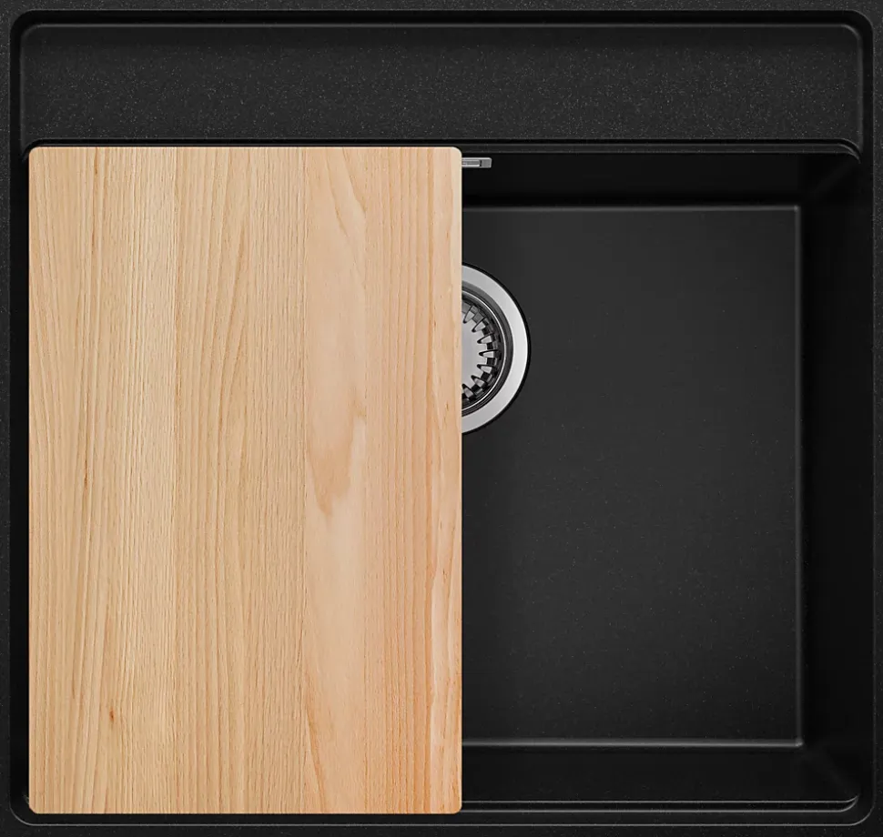 PRIMAGRAN Evier Sous Plan Noir 56x53cm, Evier en Granit 1 bac + Kit de Vidage + Planche à Découper, Évier au meuble 60cm - Bergen