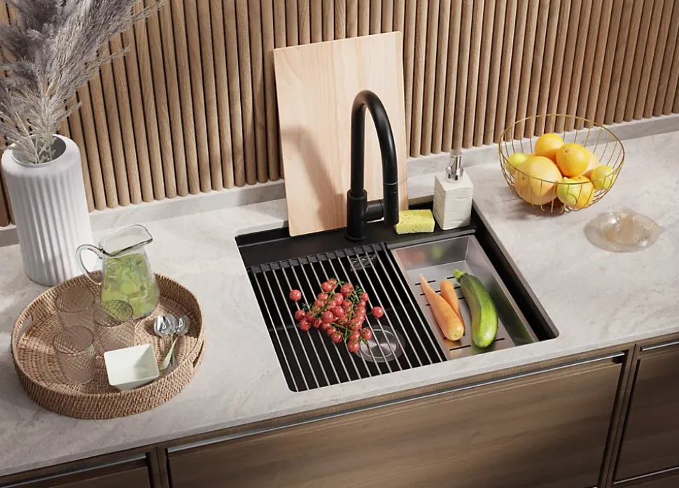 PRIMAGRAN Evier Sous Plan Noir 56x53cm, Evier en Granit 1 bac + Kit de Vidage + Planche à Découper, Évier au meuble 60cm - Bergen
