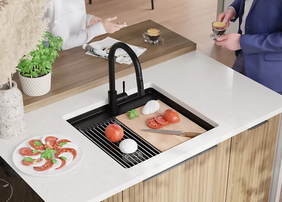 PRIMAGRAN Evier Sous Plan Noir 56x53cm, Evier en Granit 1 bac + Kit de Vidage + Planche à Découper, Évier au meuble 60cm - Bergen