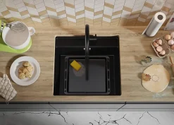 PRIMAGRAN Evier Sous Plan Noir 56x53cm, Evier en Granit 1 bac + Kit de Vidage + Planche à Découper, Évier au meuble 60cm - Bergen