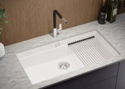 PRIMAGRAN Evier Sous Plan Blanc 86x47cm, Evier en Granit 1 bac + Kit de Vidage + Accessoires, Évier au meuble 90cm - Prague