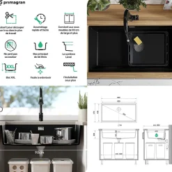 PRIMAGRAN Evier Sous Plan Blanc 86x47cm, Evier en Granit 1 bac + Kit de Vidage + Accessoires, Évier au meuble 90cm - Prague