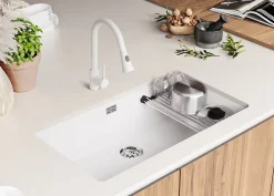 PRIMAGRAN Evier Sous Plan Blanc 86x47cm, Evier en Granit 1 bac + Kit de Vidage + Accessoires, Évier au meuble 90cm - Prague