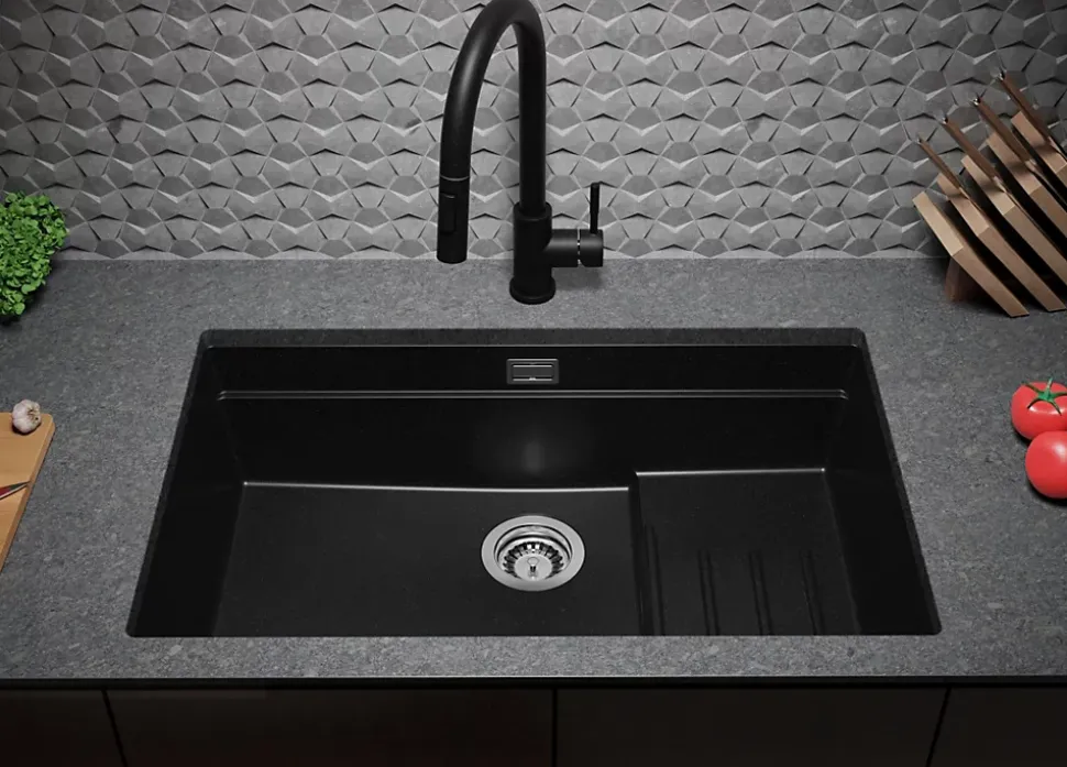 PRIMAGRAN Evier Sous Plan Noir 76x47cm, Evier en Granit 1 bac + Kit de Vidage + Accessoires, Évier au meuble 80cm - Prague