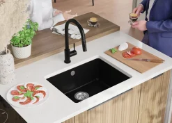 PRIMAGRAN Evier Sous Plan Tout Noir 56x44cm, Evier en Granit 1 bac + Kit de Vidage, Évier au meuble 60cm - Venise Easy