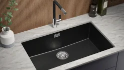 PRIMAGRAN Evier Sous Plan Noir Métallisé 76x47cm, Evier en Granit 1 bac + Kit de Vidage, Évier au meuble 80cm - London