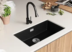 PRIMAGRAN Evier Sous Plan Noir Métallisé 76x47cm, Evier en Granit 1 bac + Kit de Vidage, Évier au meuble 80cm - London