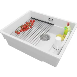 PRIMAGRAN Evier Sous Plan Blanc 56x47cm, Evier en Granit 1 bac + Kit de Vidage + Accessoires, Évier au meuble 60cm - Prague