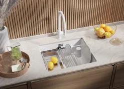 PRIMAGRAN Evier Sous Plan Blanc 56x47cm, Evier en Granit 1 bac + Kit de Vidage + Accessoires, Évier au meuble 60cm - Prague