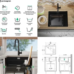 PRIMAGRAN Evier Sous Plan Blanc 56x47cm, Evier en Granit 1 bac + Kit de Vidage + Accessoires, Évier au meuble 60cm - Prague