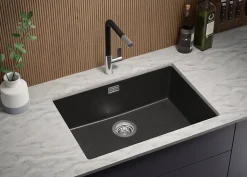 PRIMAGRAN Evier Sous Plan Graphite 66x47cm, Evier en Granit 1 bac + Kit de Vidage, Évier au meuble 70cm - London