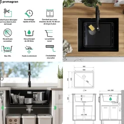 PRIMAGRAN Evier Sous Plan Tout Noir 56x47cm, Evier en Granit 1 bac + Kit de Vidage + Accessoires, Évier au meuble 60cm - Prague