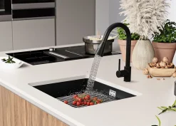 PRIMAGRAN Evier Sous Plan Tout Noir 56x47cm, Evier en Granit 1 bac + Kit de Vidage + Accessoires, Évier au meuble 60cm - Prague