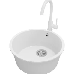 PRIMAGRAN Evier Sous Plan Blanc 46x46cm, Evier en Granit 1 bac + Kit de Vidage + Accessoires, Évier au meuble 50cm - La Valette