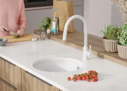 PRIMAGRAN Evier Sous Plan Blanc 46x46cm, Evier en Granit 1 bac + Kit de Vidage + Accessoires, Évier au meuble 50cm - La Valette