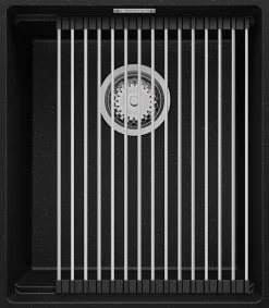 PRIMAGRAN Evier Sous Plan Noir Métallisé 41x47cm, Evier en Granit 1 bac + Kit de Vidage + Accessoires, Évier au meuble 45cm