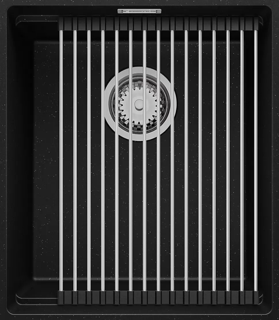 PRIMAGRAN Evier Sous Plan Noir Métallisé 41x47cm, Evier en Granit 1 bac + Kit de Vidage + Accessoires, Évier au meuble 45cm